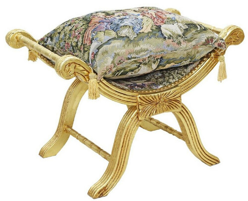 Casa Padrino Barock Kreuzhocker mit Kissen Gold / Mehrfarbig -  Handgefertigter Sitzhocker im Barockstil - Antik Stil Hocker - Barock Möbel  - Wohnzimmer Möbel im Barockstil - Antik Stil Möbel