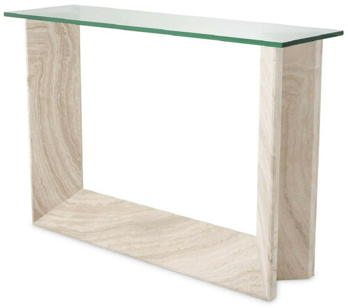 Casa Padrino Luxus Konsole Beige 120 x 37 x H. 83,5 cm - Rechteckiger Travertin Konsolentisch mit Glasplatte - Wohnzimmer M�bel - Hotel M�bel - Luxus M�bel - Luxus Einrichtung - M�bel Luxus