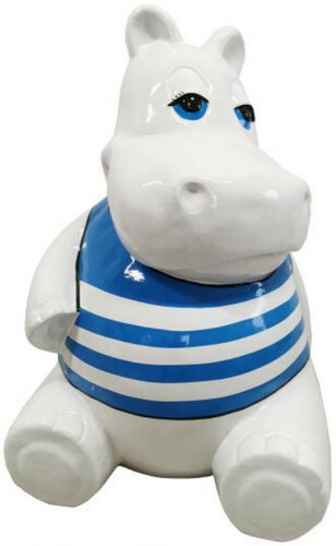 Casa Padrino Designer Deko Skulptur Sitzendes Nilpferd Wei� / Blau H. 48 cm - Wetterbest�ndige Deko Skulptur - Wohnzimmer Deko Figur - Garten Deko Figur - Deko Tierfigur - Deko Accessoires