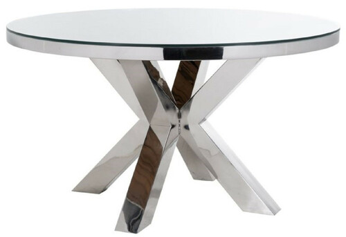 Casa Padrino Luxus Esstisch Silber / Braun  140 x H. 75 cm - Runder Edelstahl K�chentisch mit Massivholz Tischplatte und Glasplatte - Esszimmer M�bel - Luxus M�bel - Luxus Einrichtung