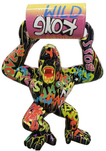 Casa Padrino Luxus Deko Skulptur Gorilla Affe mit Fass Schwarz / Bunt H. 140 cm - Gro�e Deko Figur - XXL Deko Skulptur - XXL Deko Figur - Wohnzimmer Deko - Garten Deko - Luxus Figuren