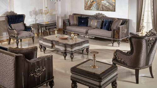 Casa Padrino Luxus Barock Wohnzimmer Set Grau / Dunkelbraun / Gold - 2 Sofas & 2 Sessel & 1 Couchtisch & 2 Beistelltische - Handgefertigte Wohnzimmer M�bel im Barockstil - Edel & Prunkvoll