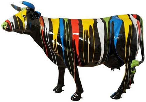 Casa Padrino Luxus Deko Skulptur Kuh Schwarz / Mehrfarbig 210 x 55 x H. 147 cm - Riesige Gartenskulptur - Lebensgro�e Skulptur - XXL Deko Skulptur - XXL Deko Figur - XXL Tierfigur - Deko Tierfigur