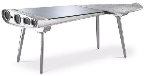 Casa Padrino Luxus Aluminium Flieger Schreibtisch Rechts Silber 214 x 110 x H. 80 cm - Flugzeug Design B�rotisch - Aluminium M�bel - Flugzeug M�bel - B�ro M�bel - Luxus M�bel - Luxus Einrichtung