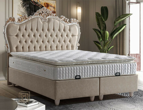 Casa Padrino Luxus Barock Doppelbett Beige / Wei� / Braun - Verschiedene Gr��en - Massivholz Bett mit Kopfteil und Matratze - Barock Schlafzimmer M�bel - Barock Hotel M�bel - Barock M�bel
