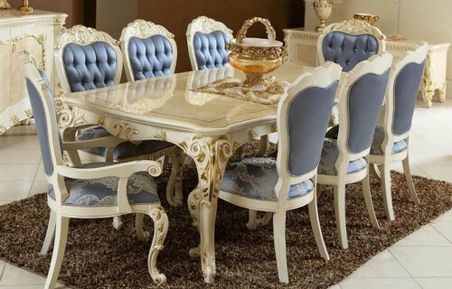 Casa Padrino Luxus Barock Esszimmer Set Blau / Wei� / Gold - 1 Barock Esstisch & 6 Barock Esszimmerst�hle - Barock Esszimmer M�bel - Luxus M�bel im Barockstil - Edel & Prunkvoll