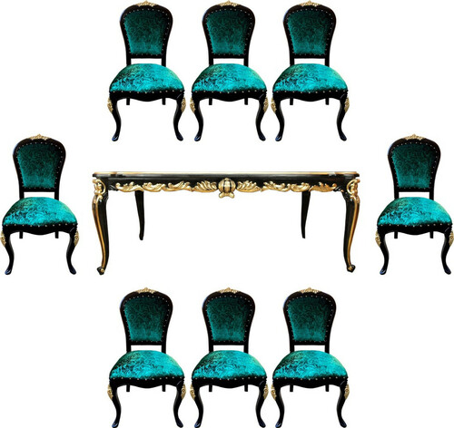 Pomp��s by Casa Padrino Barock Luxus Esszimmer Set Gr�n / Schwarz / Gold - Pomp��ser Barock Esstisch mit Glasplatte und 8 St�hlen designed by Harald Gl��ckler - Esszimmer M�bel im Barockstil