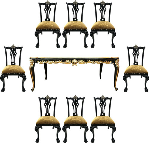 Pomp��s by Casa Padrino Barock Luxus Esszimmer Set Krone Gold / Schwarz - Pomp��ser Barock Esstisch mit Glasplatte und 8 St�hlen designed by Harald Gl��ckler - Esszimmer M�bel im Barockstil