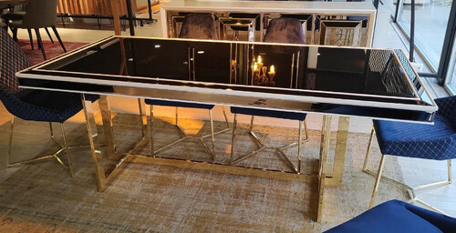 Casa Padrino Luxus Esstisch Wei� / Gold 208 x 101 x H. 80 cm - Rechteckiger K�chentisch mit Glasplatte - Esszimmer M�bel - K�chen M�bel - Luxus M�bel - Luxus Einrichtung - M�bel Luxus