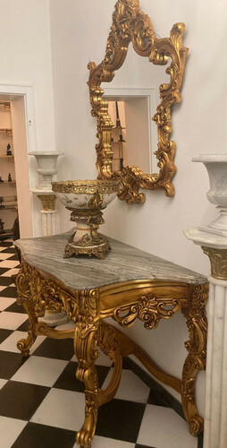 Casa Padrino Barock Konsole mit Marmorplatte und Spiegel Gold / Grau - Prunkvolle Spiegelkonsole im Barockstil - Garderoben M�bel Barockstil - Barock M�bel - Antik Stil M�bel - Edel & Prunkvoll