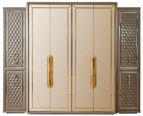 Casa Padrino Luxus Art Deco Schlafzimmerschrank Grau / Gold 280 x 60 x H. 229 cm - Verspiegelter Kleiderschrank mit 4 T�ren - Schlafzimmer M�bel - Art Deco M�bel - Luxus M�bel - Luxus Einrichtung