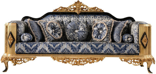 Casa Padrino Luxus Barock Sofa Blau / Schwarz / Gold - Prunkvolles Wohnzimmer Sofa - Barockstil Wohnzimmer M�bel - Luxus M�bel im Barockstil - Barock Wohnzimmer Einrichtung