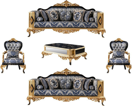 Casa Padrino Luxus Barock Wohnzimmer Set Blau / Schwarz / Gold - 2 Barock Sofas & 2 Barock Sessel & 1 Barock Couchtisch - Luxus Wohnzimmer M�bel im Barockstil - Barock M�bel - Edel & Prunkvoll