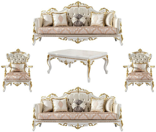 Casa Padrino Luxus Barock Wohnzimmer Set Gold / Silber / Braun / Wei� / Gold - 2 Barock Sofas & 2 Barock Sessel & 1 Barock Couchtisch - Luxus Wohnzimmer M�bel im Barockstil - Barock M�bel