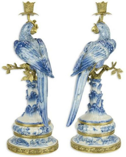 Casa Padrino Jugendstil Kerzenhalter Set Papageien Blau / Wei� / Gold 22,1 x 18,6 x H. 49,4 cm - Porzellan Kerzenst�nder - Hotel & Restaurant Accessoires - Barock & Jugendstil Deko Accessoires