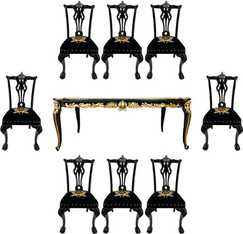 Pomp��s by Casa Padrino Barock Luxus Esszimmer Set Krone Schwarz / Gold - Pomp��ser Barock Esstisch mit Glasplatte und 8 St�hlen designed by Harald Gl��ckler - Esszimmer M�bel im Barockstil