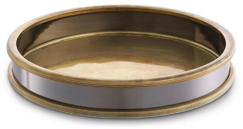 Casa Padrino Luxus Serviertablett Vintage Messing / Silber-Schwarz  34 x H. 5 cm - Rundes Messing Tablett - Gastronomie & Restaurant Accessoires - Luxus Accessoires