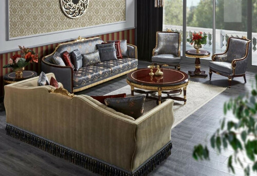 Casa Padrino Luxus Barock Wohnzimmer Set Beige / Blau / Dunkelbraun / Gold - 2 Sofas & 2 Sessel & 1 Couchtisch & 2 Beistelltische - Handgefertigte Wohnzimmer M�bel im Barockstil - Edel & Prunkvoll