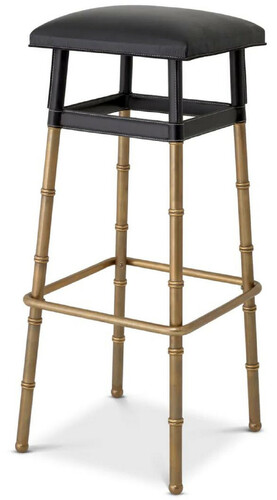 Casa Padrino Luxus Barhocker Schwarz / Vintage Messing 34,5 x 33 x H. 80,5 cm - Gepolsterter Barstuhl mit Echtleder - Bar M�bel - Leder M�bel - Luxus M�bel - Luxus Qualit�t