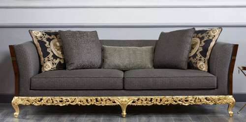 Casa Padrino Luxus Barock Sofa Grau / Dunkelbraun / Gold - Prunkvolles Wohnzimmer Sofa - Barockstil Wohnzimmer M�bel - Luxus M�bel im Barockstil - Barock Einrichtung - Edel & Prunkvoll