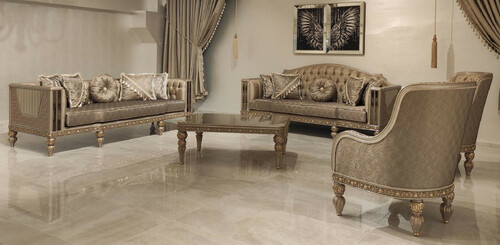 Casa Padrino Luxus Barock Wohnzimmer Set Gold / Grau / Gold - 2 Barock Sofas & 2 Barock Sessel & 1 Barock Couchtisch - Luxus Wohnzimmer M�bel im Barockstil - Barock M�bel - Edel & Prunkvoll