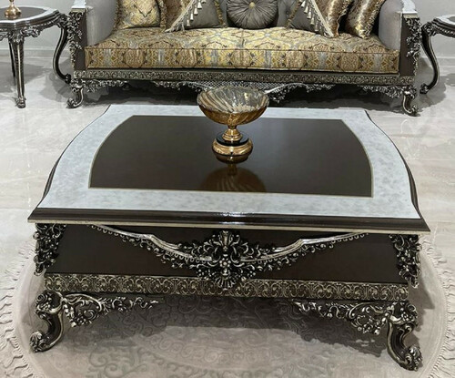 Casa Padrino Luxus Barock Couchtisch Schwarz / Wei� / Silber - Prunkvoller Wohnzimmertisch im Barockstil - Barockstil Wohnzimmer M�bel - Barock Einrichtung - Barock M�bel - Luxus M�bel im Barockstil