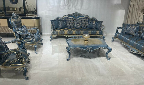 Casa Padrino Luxus Barock Wohnzimmer Set Blau / Gold - 2 Barock Sofas & 2 Barock Sessel & 1 Barock Couchtisch - Luxus Wohnzimmer M�bel im Barockstil - Barock M�bel - Edel & Prunkvoll