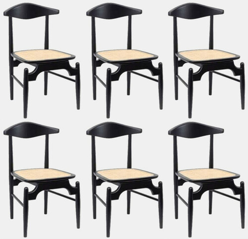 Casa Padrino Luxus Esszimmerstuhl 6er Set Schwarz / Naturfarben 53 x 54 x H. 85 cm - Luxus Massivholz K�chen St�hle mit Rattan Sitzfl�che - Esszimmer M�bel - K�chen M�bel - Luxus M�bel