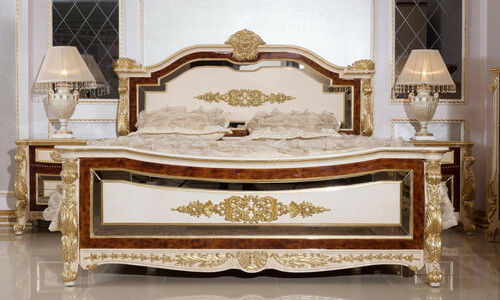 Casa Padrino Luxus Barock Schlafzimmer Set Wei� / Beige / Braun / Gold - 1 Barock Doppelbett mit Kopfteil & 2 Barock Nachtkommoden - Luxus Schlafzimmer M�bel im Barockstil - Barock M�bel