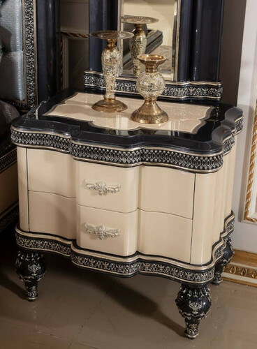 Casa Padrino Luxus Barock Nachtkommode Beige / Schwarz / Gold - Prunkvoller Barockstil Nachttisch mit 2 Schubladen - Luxus Schlafzimmer M�bel im Barockstil - Barock M�bel - Barock Interior