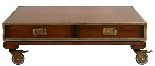 Casa Padrino Luxus Vintage Stil Couchtisch Braun / Messing 109 x 109 x H. 35 cm - Quadratischer Massivholz Wohnzimmertisch mit Rollen und Schubladen - Vintage Stil Wohnzimmer M�bel - Luxus M�bel