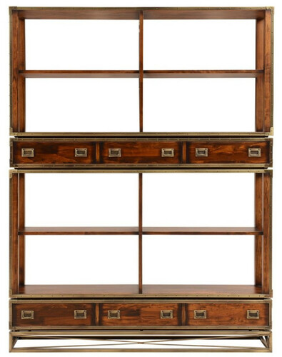 Casa Padrino Luxus Vintage Stil Regalschrank Braun / Messing 152 x 35 x H. 200,5 cm - Vintage Stil B�cherschrank mit 6 Schubladen - Luxus Wohnzimmer Massivholz M�bel im Vintage Stil