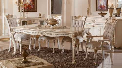 Casa Padrino Luxus Barock Esszimmer Set Grau / Wei� / Beige / Gold - 1 Barock Esstisch & 6 Barock Esszimmerst�hle - Luxus Esszimmer M�bel im Barockstil - Prunkvolle Barock Esszimmer M�bel