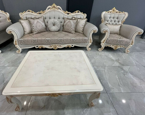 Casa Padrino Luxus Barock Wohnzimmer M�bel Set Grau / Wei� / Gold - 2 Barock Sofas & 2 Barock Sessel & 1 Barock Couchtisch - Luxus Wohnzimmer M�bel im Barockstil - Prunkvolle Barock M�bel