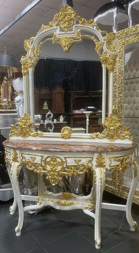 Casa Padrino Barock Spiegelkonsole mit Marmorplatte Wei� / Gold / Braun - Prunkvolle Barock Konsole mit Spiegel - Garderoben M�bel Barockstil - Barock M�bel - Antik Stil M�bel - Edel & Prunkvoll