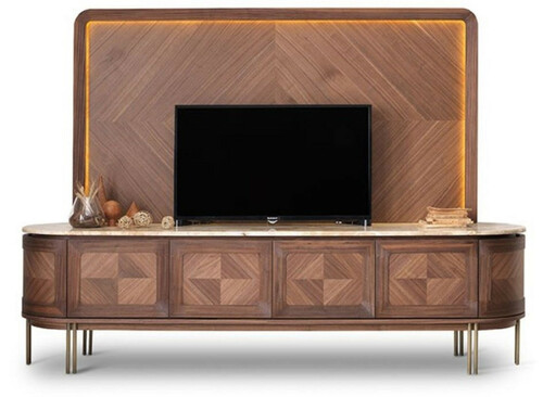 Casa Padrino Luxus TV Schrank Set Braun / Beige / Messing - Wohnzimmer Sideboard mit 4 T�ren & beleuchteter TV R�ckwand - Wohnzimmer M�bel - Hotel M�bel - Luxus M�bel