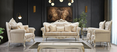 Casa Padrino Luxus Barock Wohnzimmer Set Wei� / Gold - 2 Barock Sofas & 2 Barock Sessel & 1 Barock Couchtisch - Luxus Wohnzimmer M�bel im Barockstil - Barock M�bel - Edel & Prunkvoll