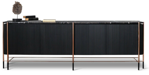 Casa Padrino Luxus Sideboard Schwarz / Matt Schwarz / Kupfer 240 x 47 x H. 80 cm - Massivholz Schrank mit 4 T�ren und Marmorplatte - Esszimmer M�bel - Wohnzimmer M�bel - Hotel M�bel - Luxus M�bel