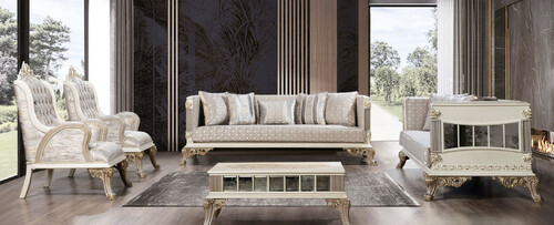 Casa Padrino Luxus Barock Wohnzimmer Set Silber / Wei� / Grau / Gold - 2 Barock Sofas & 2 Barock Sessel & 1 Barock Couchtisch - Luxus Wohnzimmer M�bel im Barockstil - Barock M�bel