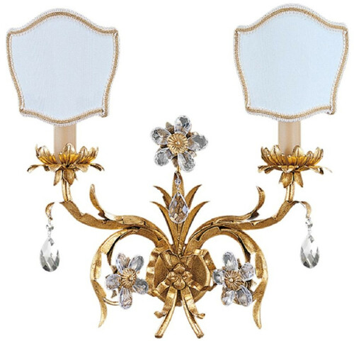 Casa Padrino Luxus Barock Kristall Doppel Wandleuchte Gold mit Patina / Wei� 36 x 18 x H. 39 cm - Elegante Metall Wandlampe mit Lampenschirmen - Barock Leuchten - Luxus Qualit�t - Made in Italy