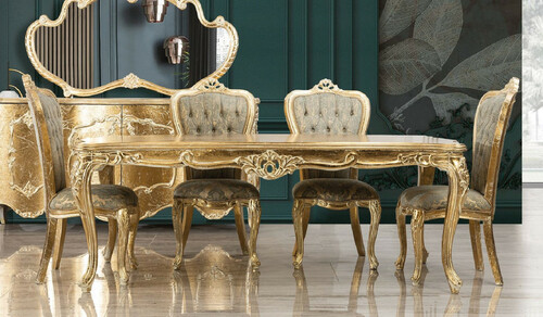 Casa Padrino Luxus Barock Esszimmer Set Gr�n / Antik Gold - 1 Barock Esstisch & 6 Barock Esszimmerst�hle - Luxus Esszimmer M�bel im Barockstil - Prunkvolle Barock Esszimmer M�bel