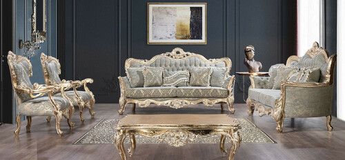 Casa Padrino Luxus Barock Wohnzimmer Set Gr�n / Antik Gold - 2 Barock Sofas & 2 Barock Sessel & 1 Barock Couchtisch - Luxus Wohnzimmer M�bel im Barockstil - Barock M�bel