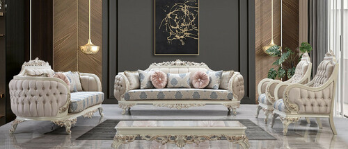 Casa Padrino Luxus Barock Wohnzimmer Set Mehrfarbig / Creamwei� / Kupfer - 2 Barock Sofas & 2 Barock Sessel & 1 Barock Couchtisch - Luxus Wohnzimmer M�bel im Barockstil - Barock M�bel