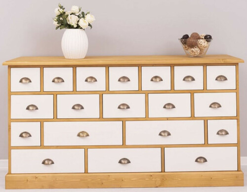 Casa Padrino Landhausstil Kommode Naturfarben / Wei� 180 x 48 x H. 95 cm - Massivholz Schrank mit 19 Schubladen - Landhausstil M�bel - M�bel im Landhausstil - Landhausstil Einrichtung