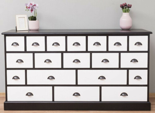 Casa Padrino Landhausstil Kommode Schwarz / Wei� 180 x 48 x H. 95 cm - Massivholz Schrank mit 19 Schubladen - Landhausstil M�bel - M�bel im Landhausstil - Landhausstil Einrichtung