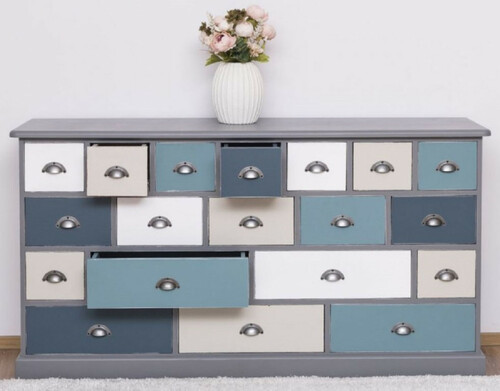Casa Padrino Landhausstil Kommode Grau / Mehrfarbig 180 x 48 x H. 95 cm - Massivholz Schrank mit 19 Schubladen - Landhausstil M�bel - M�bel im Landhausstil - Landhausstil Einrichtung