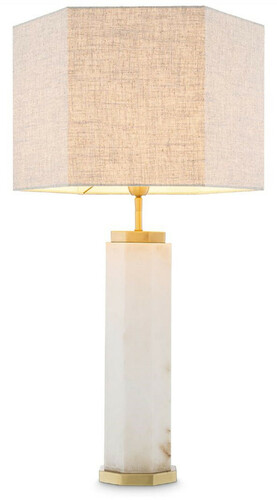 Casa Padrino Luxus Tischleuchte Wei� / Antik Messing / Grau 46 x 46 x H. 84,5 cm - Alabaster Schreibtischleuchte mit sechseckigem Lampenschirm - Luxus Tischleuchten - Luxus Schreibtischleuchten