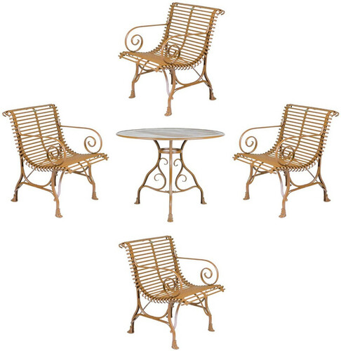 Casa Padrino Jugendstil Schmiedeeisen Garten M�bel Set Braun - 1 Runder Garten Tisch & 4 Garten St�hle mit Armlehnen - Nostalgische Garten M�bel - Barock & Jugendstil Garten M�bel