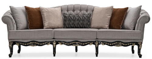 Casa Padrino Luxus Barock Wohnzimmer Sofa Grau / Schwarz / Gold - Handgefertigtes Barockstil Sofa mit dekorativen Kissen - Luxus Wohnzimmer M�bel im Barockstil - Barock M�bel - Edel & Prunkvoll