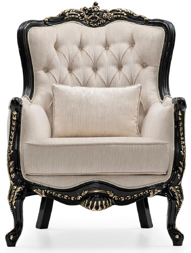 Casa Padrino Luxus Barock Wohnzimmer Sessel Creme / Schwarz / Gold - Handgefertigter Barockstil Sessel mit dekorativem Kissen - Luxus Wohnzimmer M�bel im Barockstil - Barock M�bel